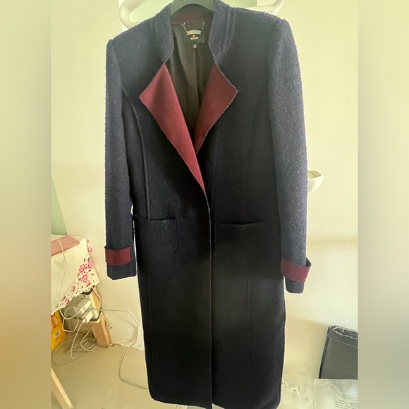 Navy and burgundy wool blend teddy trench coat Women 38 - Picture 5 of 5